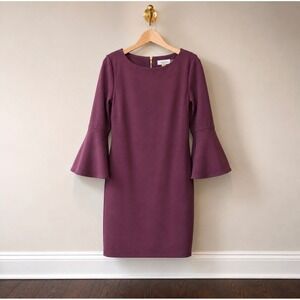 Calvin Klein Plum Purple Bell Sleeve Sheath Dress Size 12 Gold Zipper Crepe